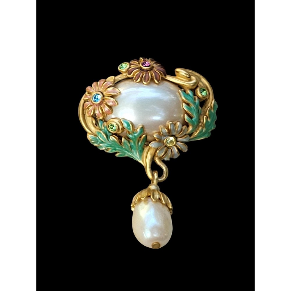 Joan Rivers Signed Daisy Flower Pearl Dangle Rhinestone Brooch Pin Rare